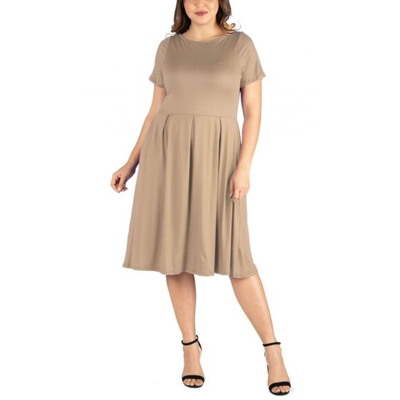 NWT 24seven Comfort Apparel Plus Midi Dress with Pockets P0206180 1X Taupe Brown - Picture 1 of 6
